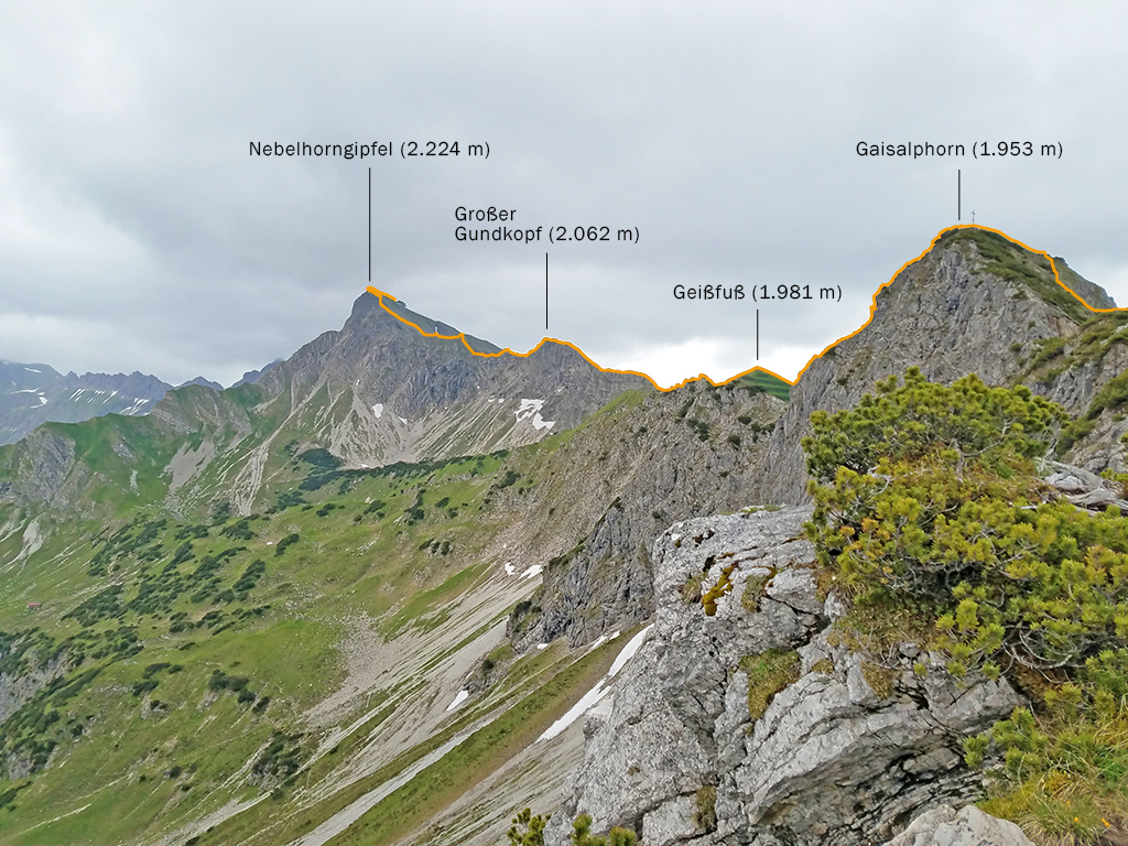 Unsere Route auf dem Grat vom Nebelhorn zum Gaisalphorn
